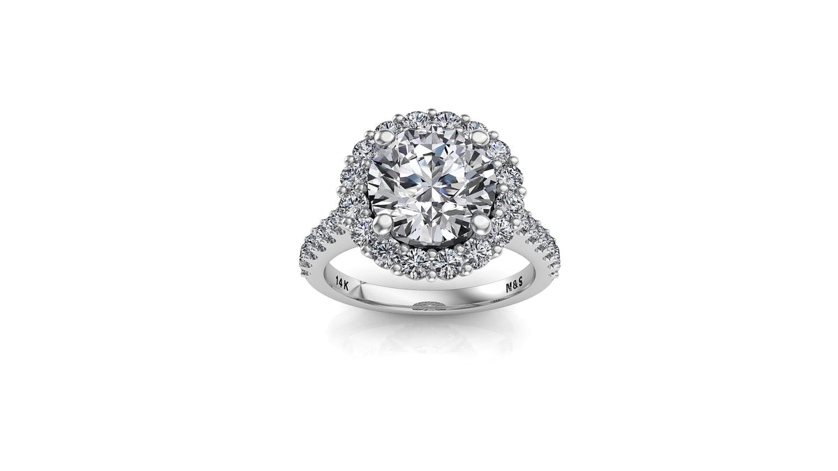 8mm (1.90ct) Joyce ForeverOne Round Moissanite Diamond Halo Cathedral Set Engagement Ring 14K MOENG052