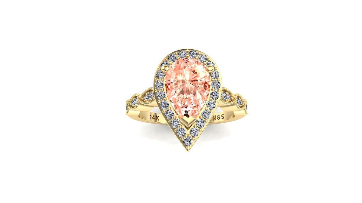9x6mm (1.30ct) Milgrain Pear Cut Morganite Diamond Halo 14K Gold Ring BSAQ008