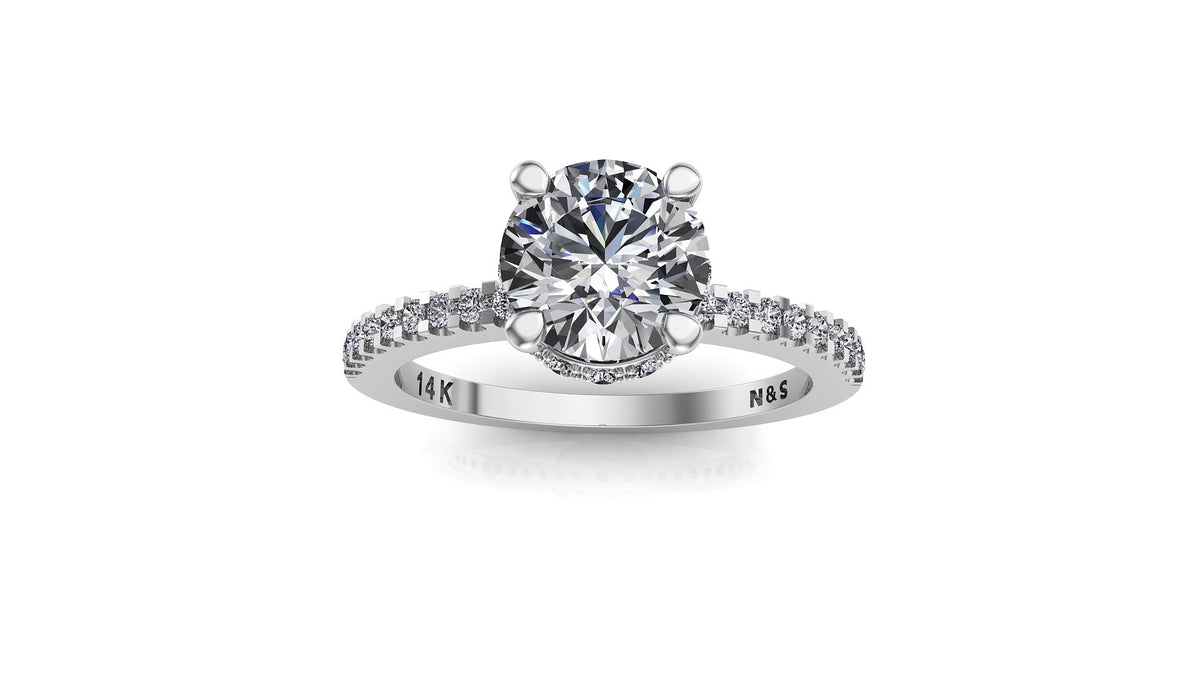 8.5mm (2.20ct) Rañe ForeverOne Round Moissanite Four Prong Diamond Underhalo Engagement Ring 14K Gold MOENG078