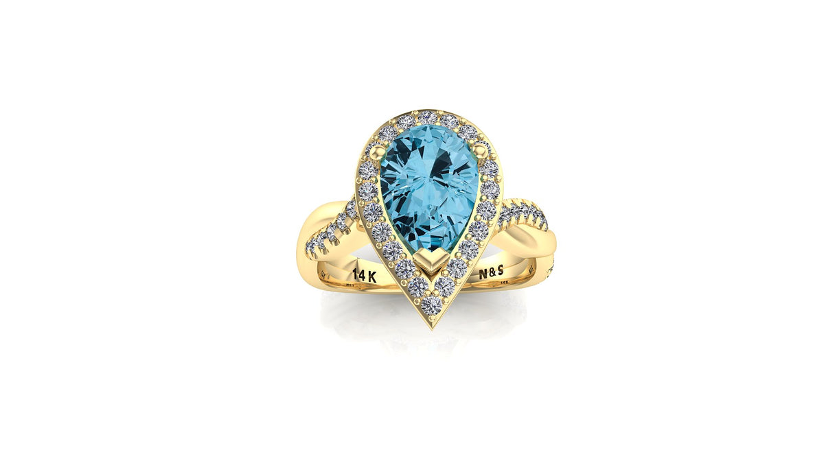 9x6mm (1.30ct) Single Diamond Twist Pear Cut Blue Topaz Diamond Halo 14K Gold Ring BSAQ013