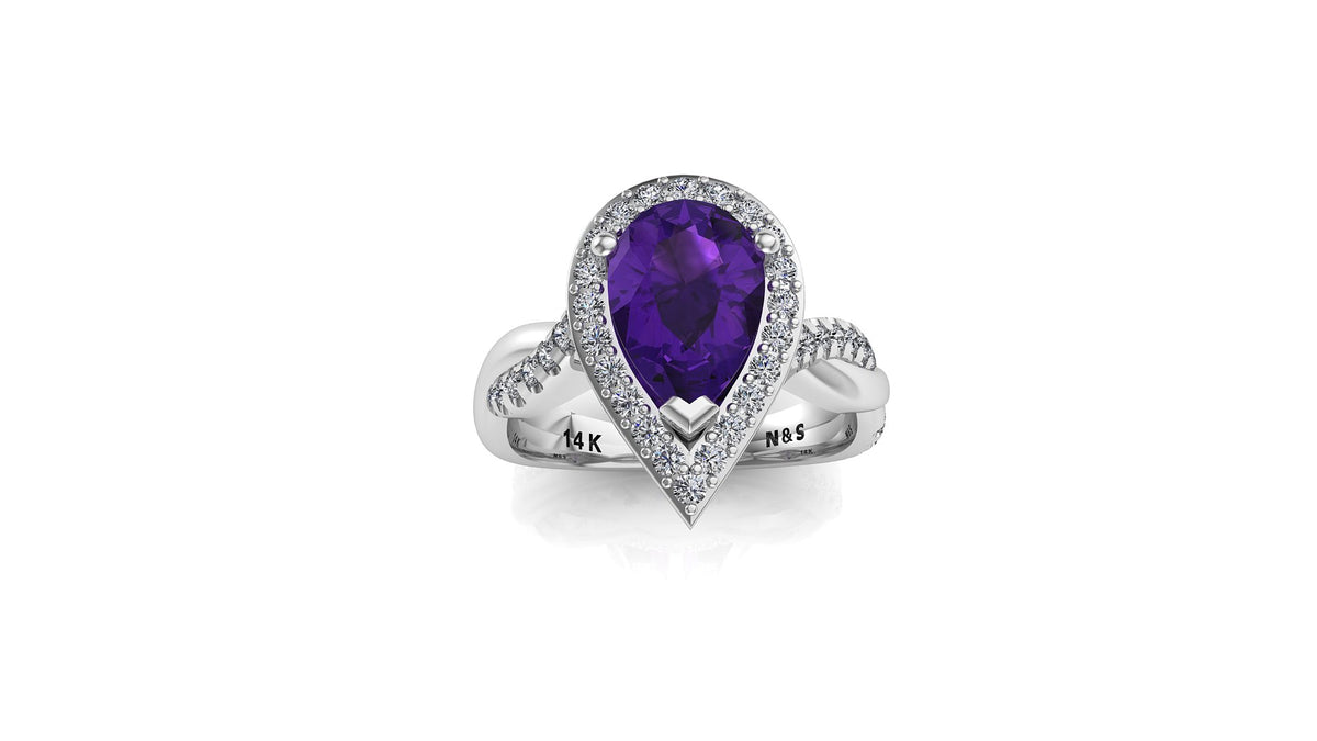 9x6mm (1.30ct) Single Diamond Twist Pear Cut Amethyst Diamond Halo 14K Gold Ring BSAQ010