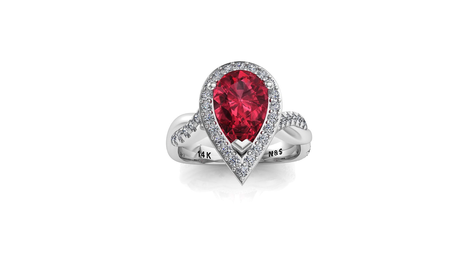10x7mm (1.80ct) Single Diamond Twist Pear Cut Garnet Diamond Halo 14K Gold Ring BSAQ015