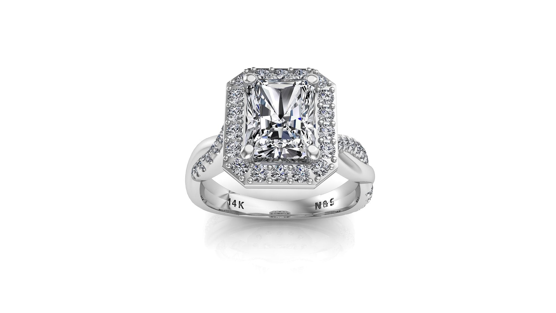 8x6mm (1.80ct) Kylie ForeverOne Radiant Moissanite Diamond Halo Half Twist 14K Gold Engagement Ring MOENG046