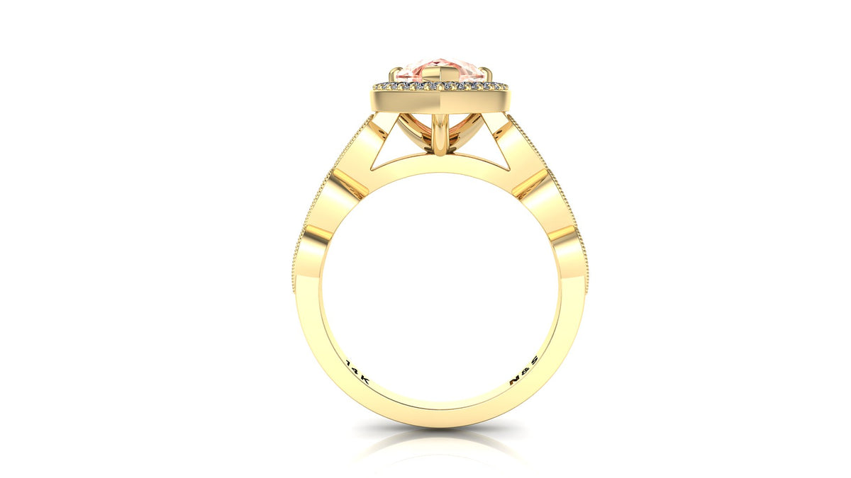 9x6mm (1.30ct) Milgrain Pear Cut Morganite Diamond Halo 14K Gold Ring BSAQ008