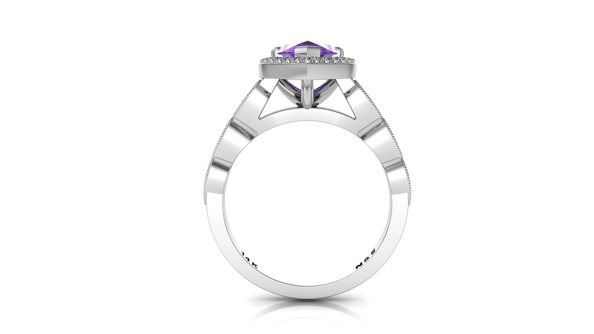 9x6mm (1.30ct) Milgrain Pear Cut Amethyst Diamond Halo 14K Gold Ring BSAQ005