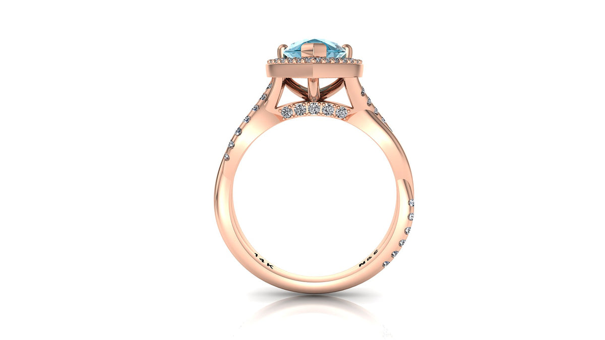 9x6mm (1.30ct) Single Diamond Twist Pear Cut Blue Topaz Diamond Halo 14K Gold Ring BSAQ013