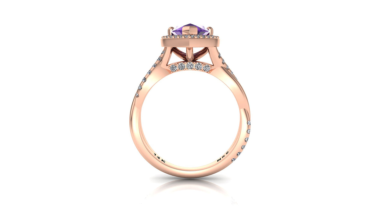 9x6mm (1.30ct) Single Diamond Twist Pear Cut Amethyst Diamond Halo 14K Gold Ring BSAQ010