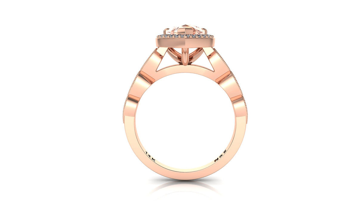 9x6mm (1.30ct) Milgrain Pear Cut Morganite Diamond Halo 14K Gold Ring BSAQ008
