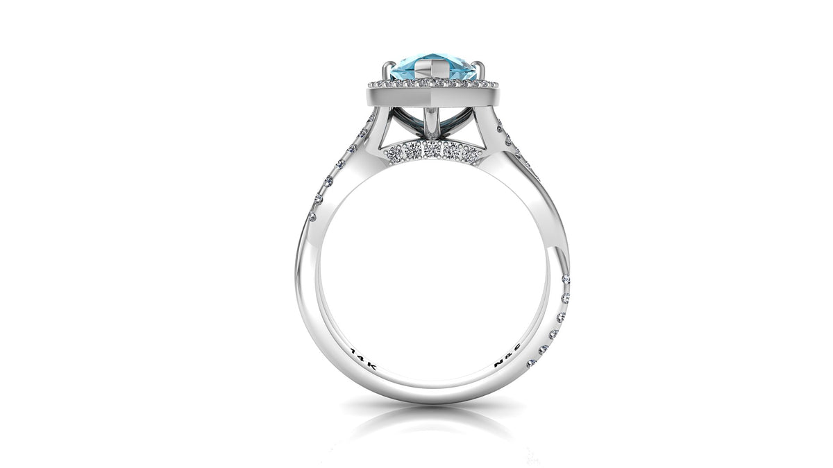 9x6mm (1.30ct) Single Diamond Twist Pear Cut Blue Topaz Diamond Halo 14K Gold Ring BSAQ013