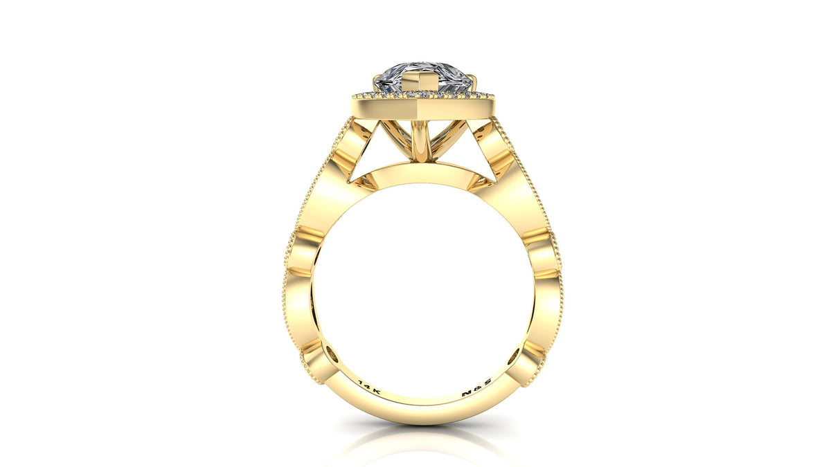 10x7mm (1.80ct) ForeverOne Pear Moissanite Round Marquise Style Milgrain Band 14K Gold Engagement Ring MOENG040