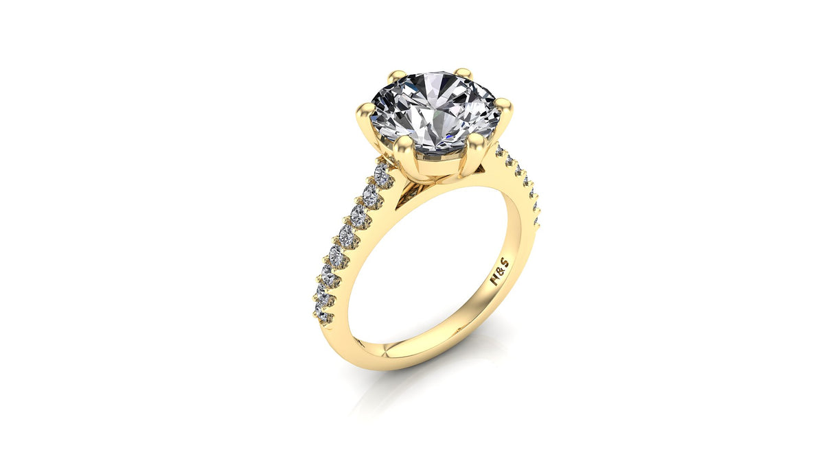 8mm (1.90ct)  ForeverOne Round Moissanite in 2.0mm Jennifer Diamond Band 14K Gold MOENG048