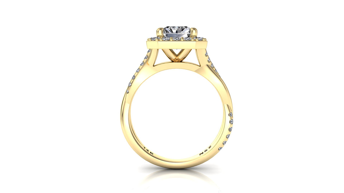 8x6mm (1.80ct) Kylie ForeverOne Radiant Moissanite Diamond Halo Half Twist 14K Gold Engagement Ring MOENG046