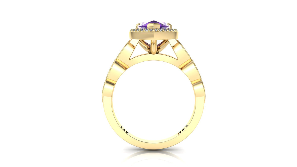 9x6mm (1.30ct) Milgrain Pear Cut Amethyst Diamond Halo 14K Gold Ring BSAQ005