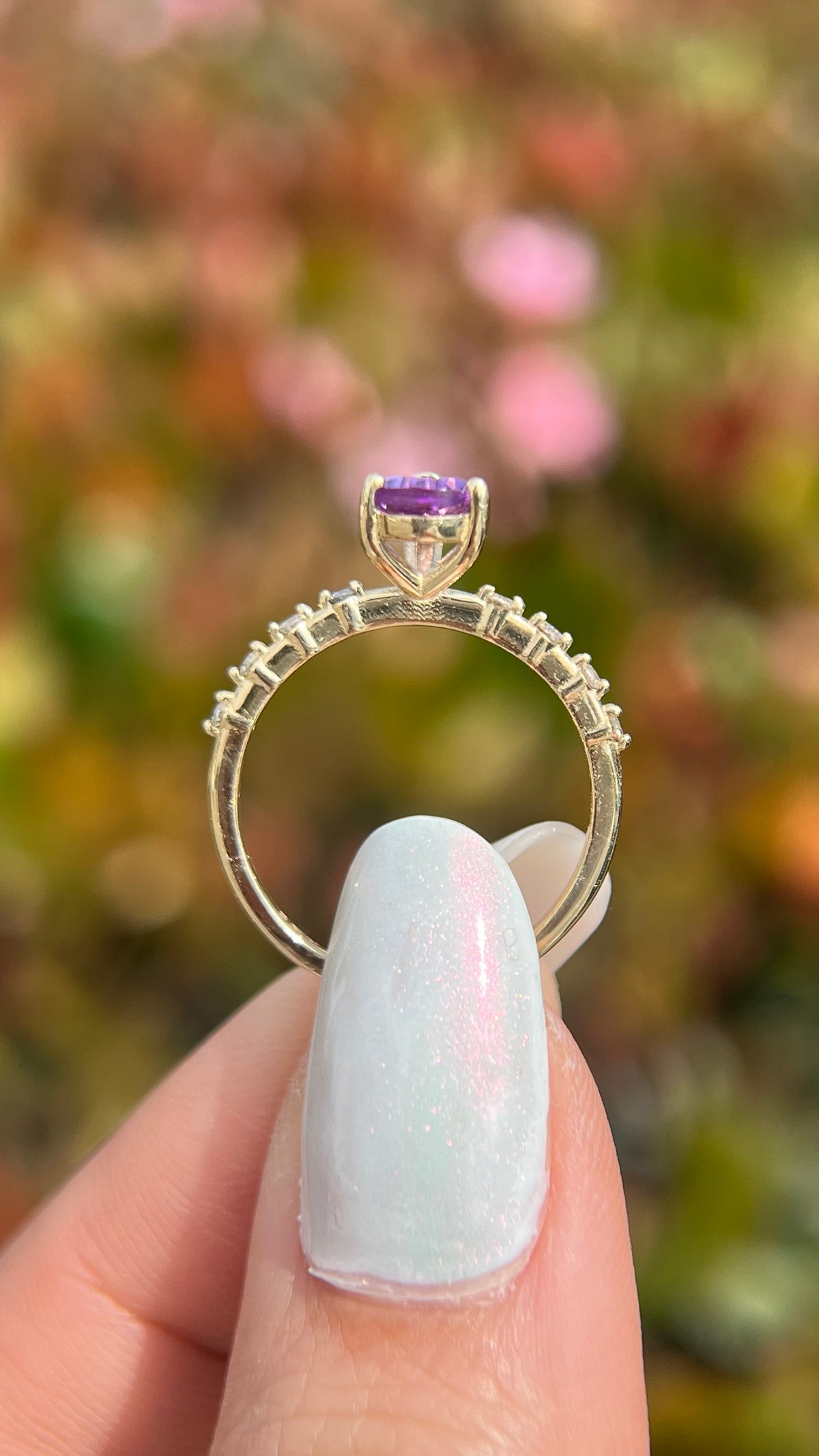 Bella 7x5mm 0.40ct Pear Amethyst Spaced Diamond Ring 14K Gold DFR014