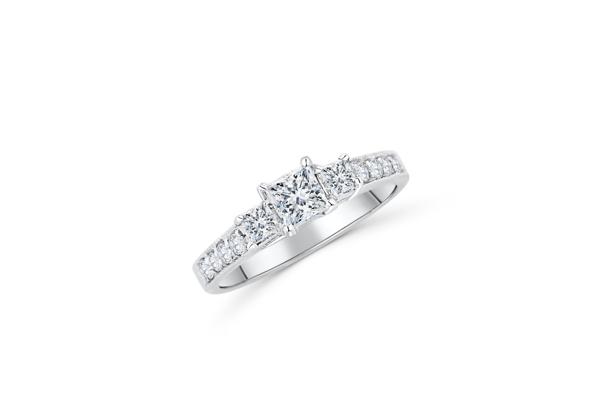 Three Stone Princess Diamond Engagement Ring 0.73 ct tw 14K White Gold DENG020 - NorthandSouthJewelry