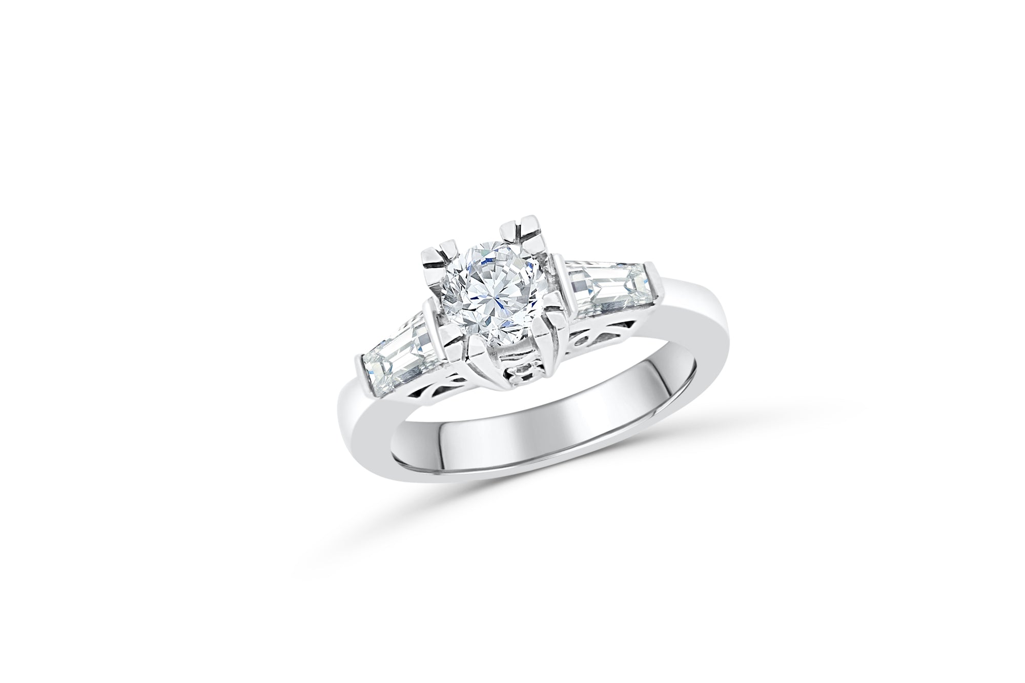 Three Stone Round/Baguette Diamond Engagement Ring 1.27 ct tw 950 Platinum DENG047 - NorthandSouthJewelry