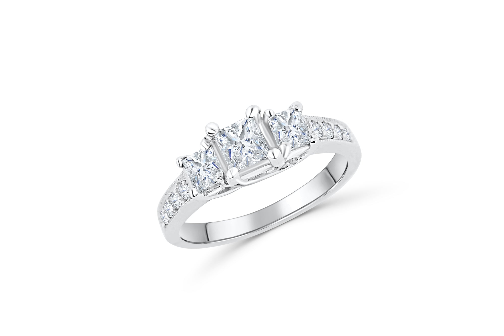 Three Stone Princess Diamond Engagement Ring 0.96 ct tw 14K White Gold DENG049 - NorthandSouthJewelry