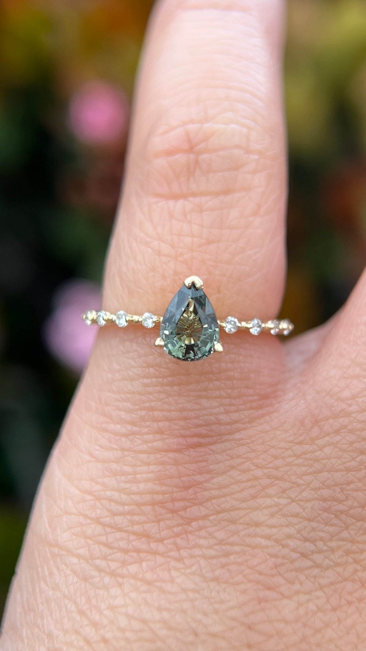 Bella 7x5mm 1.0ct Pear Green Tourmaline Spaced Diamond Ring 14K Gold DFR022