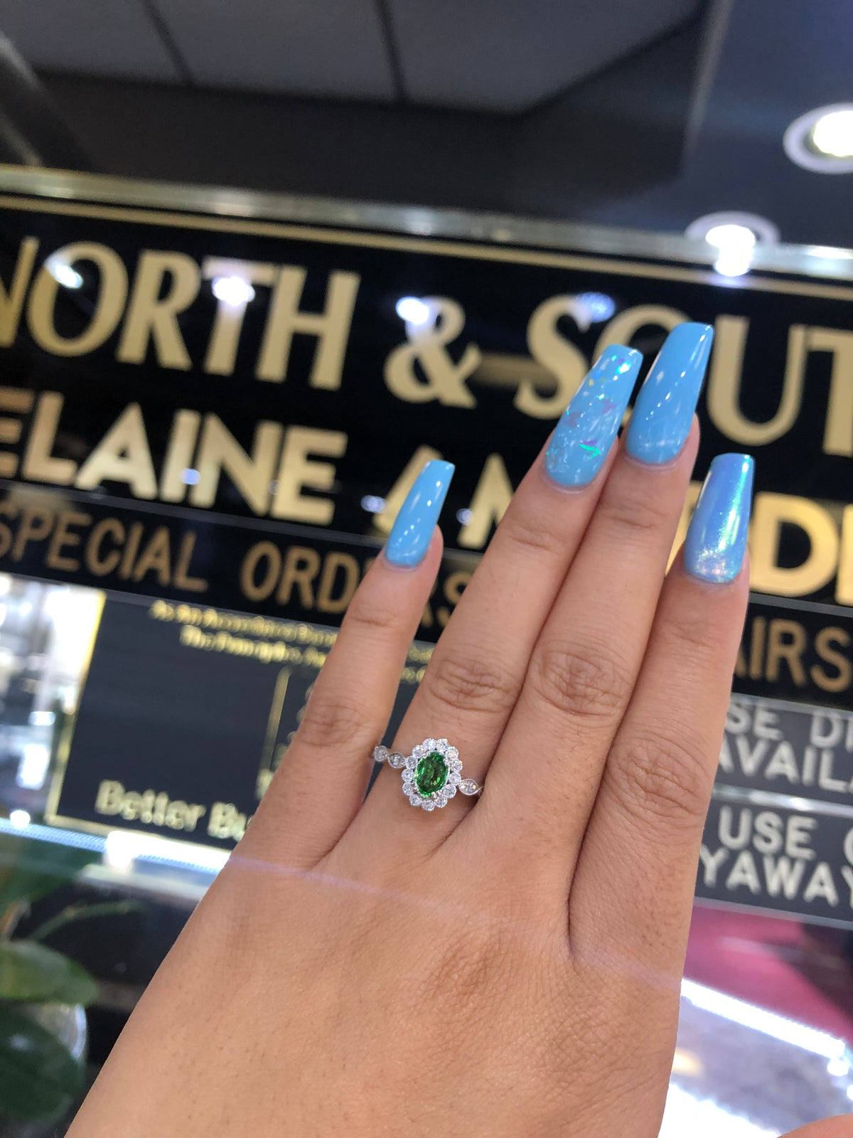 0.61 Oval Green Garnet Diamond Ring 0.39 CT TW 14K White Gold GRGR001 - NorthandSouthJewelry