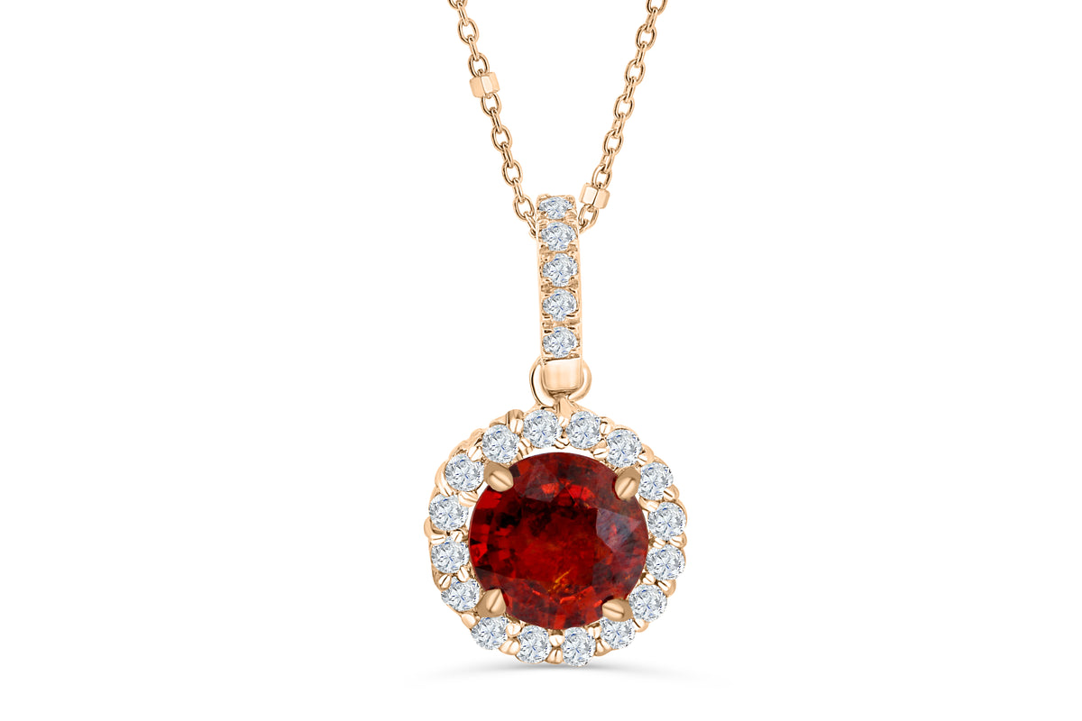 2.55 CT Halo Round Cut Mandarin Garnet Diamond Pendant 0.45 CT TW 14K Rose Gold MGPEN003 - NorthandSouthJewelry