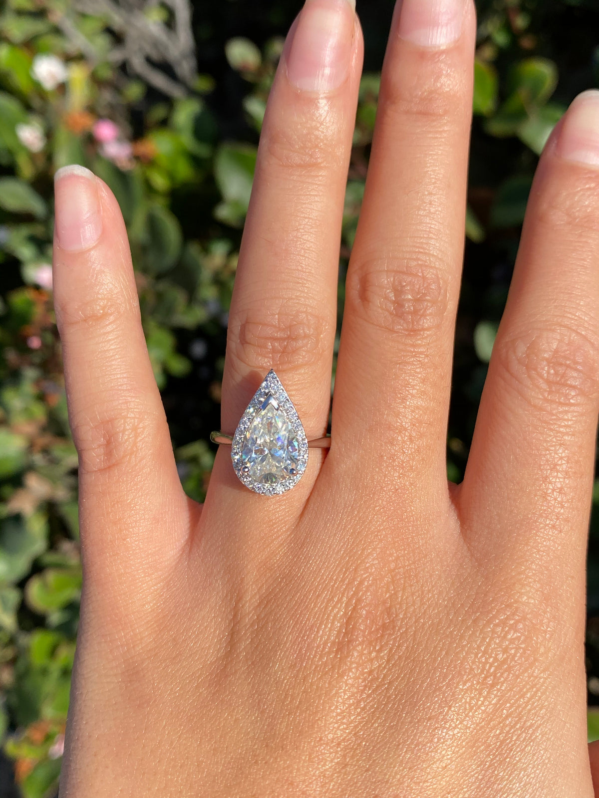 9x6mm (1.30ct) Ava ForeverOne Pear Moissanite Solitaire Diamond Halo Engagement Ring 14K MOENG051