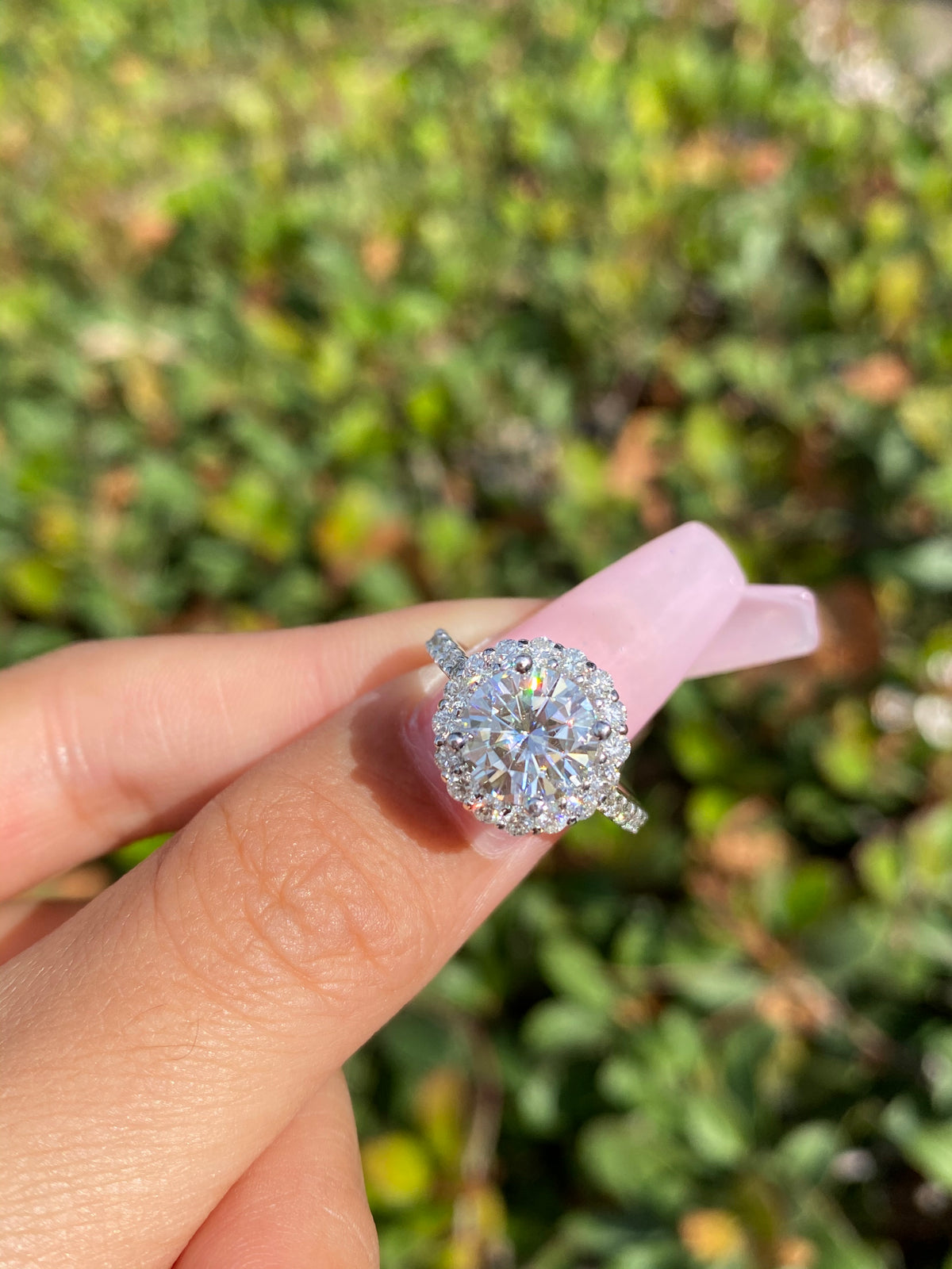 8mm (1.90ct) Joyce ForeverOne Round Moissanite Diamond Halo Cathedral Set Engagement Ring 14K MOENG052