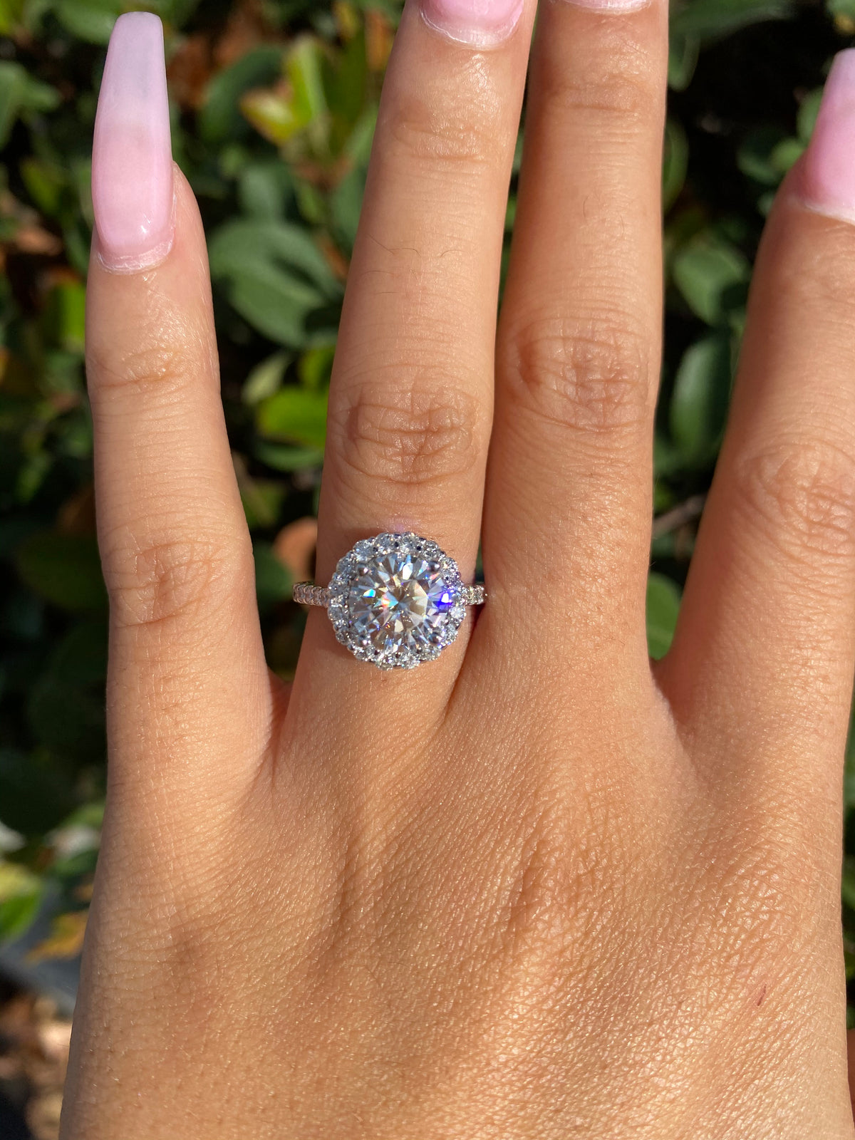 8mm (1.90ct) Joyce ForeverOne Round Moissanite Diamond Halo Cathedral Set Engagement Ring 14K MOENG052