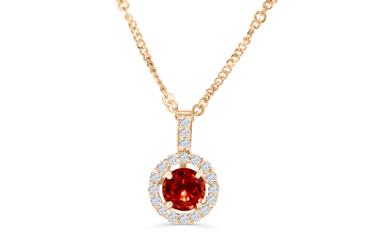 0.82 CT Pave Halo Round Cut Orange Sapphire Diamond Pendant 0.21 CT TW 14K Rose Gold OSPEN007 - NorthandSouthJewelry