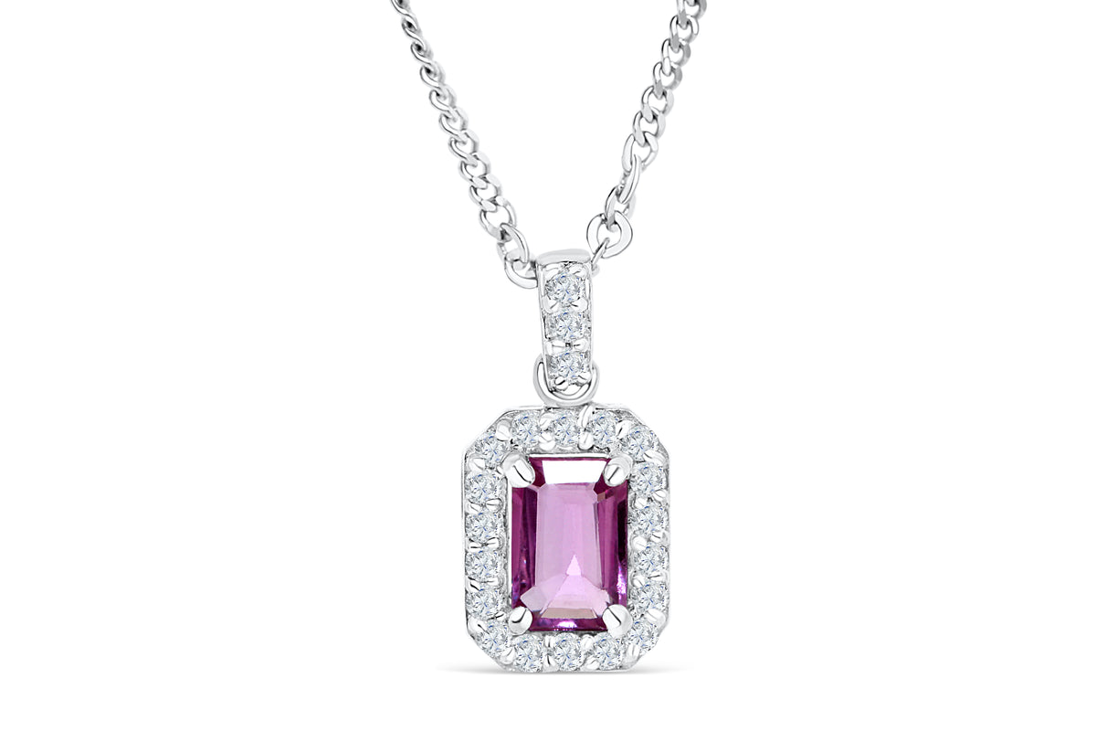 0.58 CT Halo Emerald Cut Pink Sapphire Diamond Pendant 0.20 CT TW 14K White Gold PSPEN002 - NorthandSouthJewelry