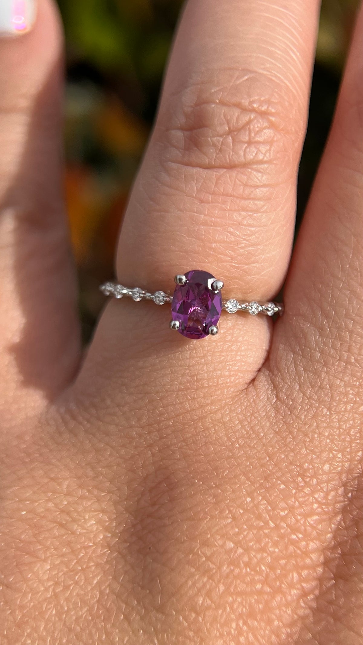 Bella 7x5mm 0.70ct Oval Rhodolite Garnet Spaced Diamond Ring 14K Gold DFR016