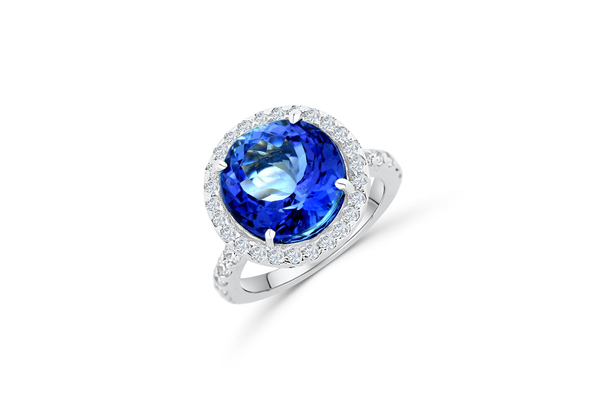 7.17 CT Round Tanzanite Diamond Ring 0.85 CT TW Diamonds 14K White Gold TZR002 - NorthandSouthJewelry