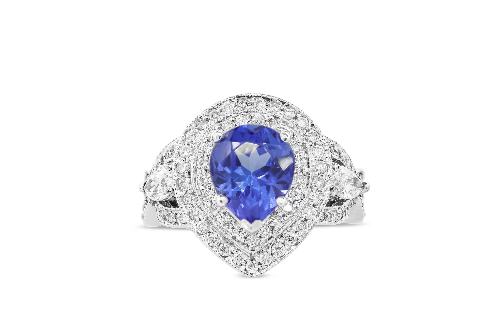 2.30 CT Pear Cut Tanzanite Diamond Ring 1.27 CT TW 14K White Gold TZR012 - NorthandSouthJewelry