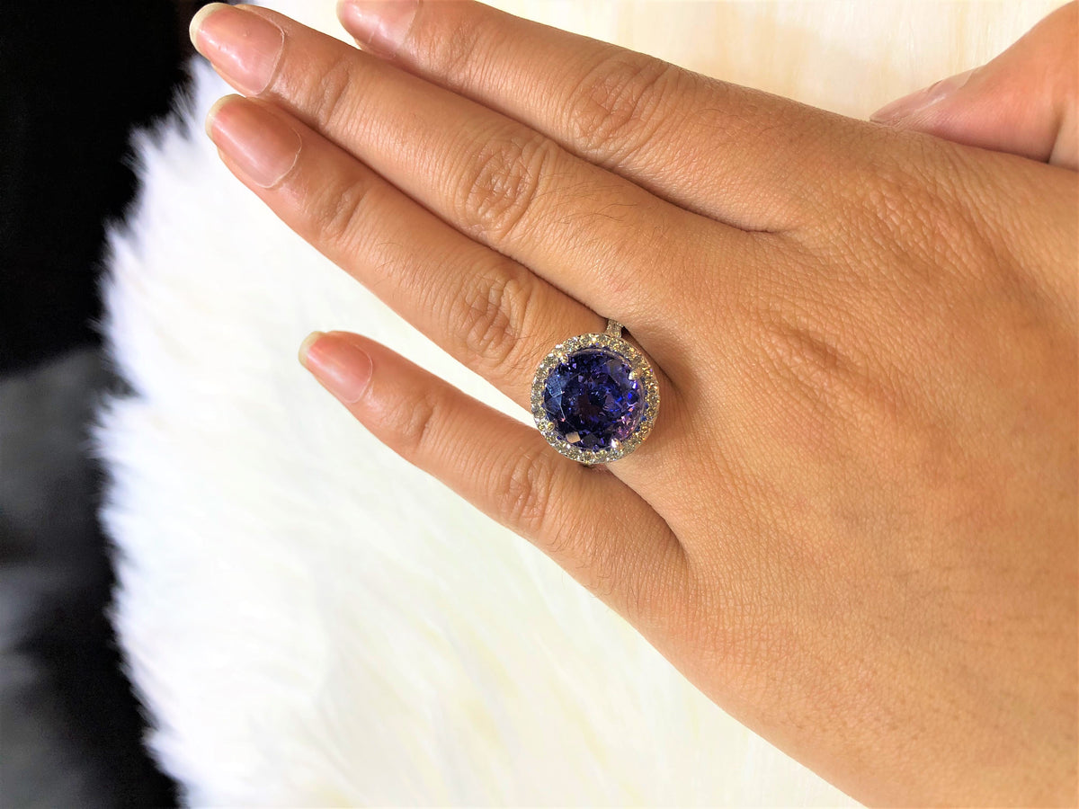 7.17 CT Round Tanzanite Diamond Ring 0.85 CT TW Diamonds 14K White Gold TZR002 - NorthandSouthJewelry