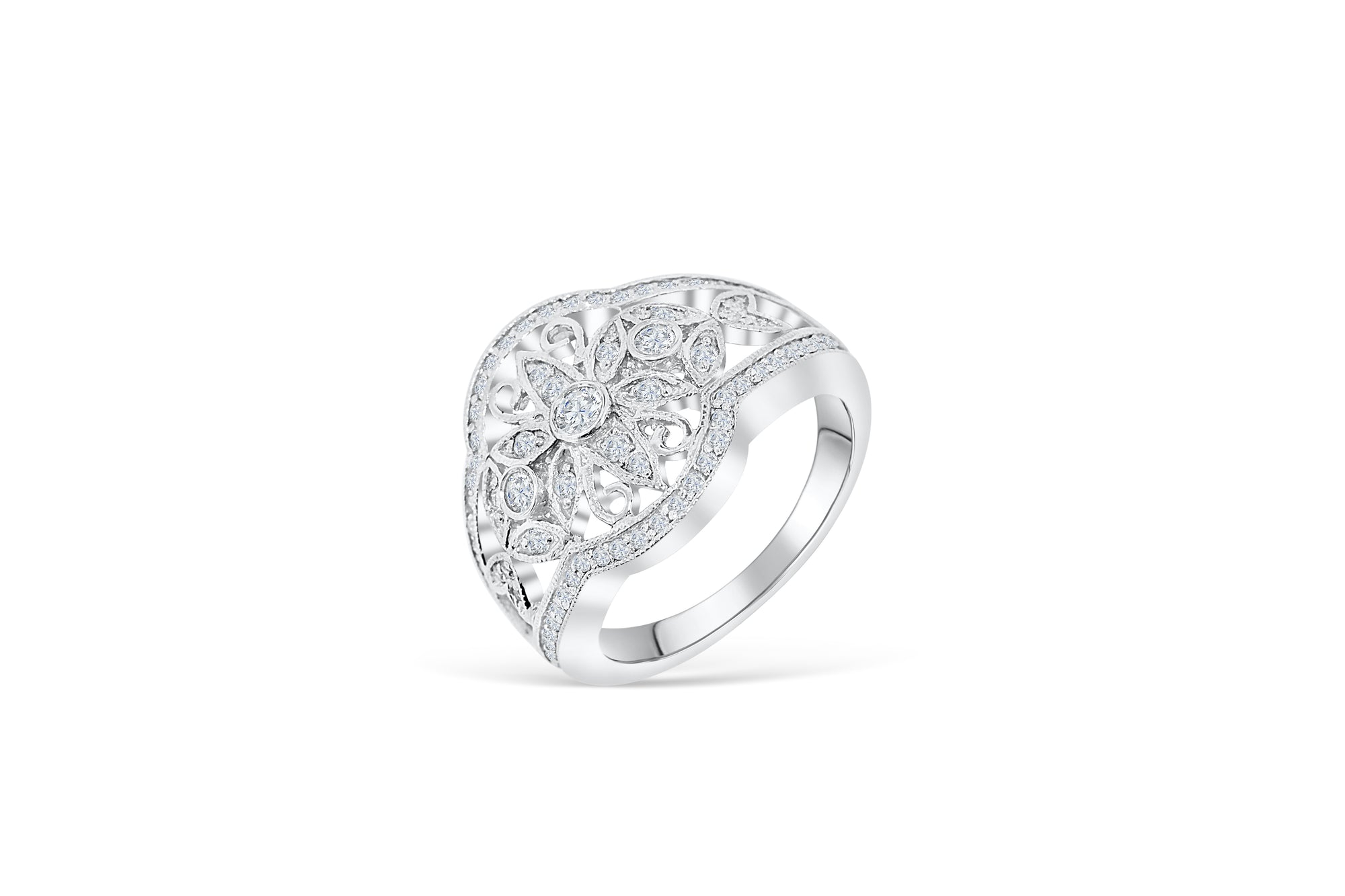 Floral Wide Diamond Anniversary Band 0.63 ct tw Round-cut 14K White Gold BAN028 - NorthandSouthJewelry