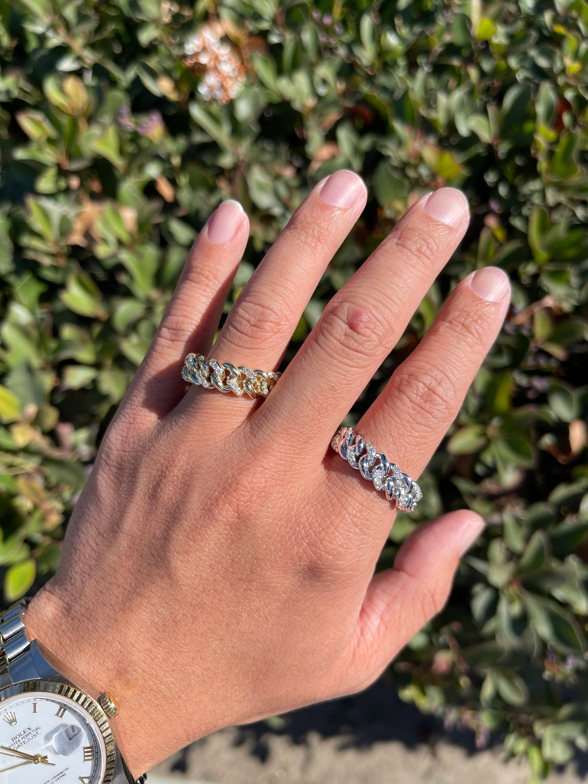 0.52ct Polished Half Diamond Rounded Cuban Link Ring Solid 14K Gold MR032