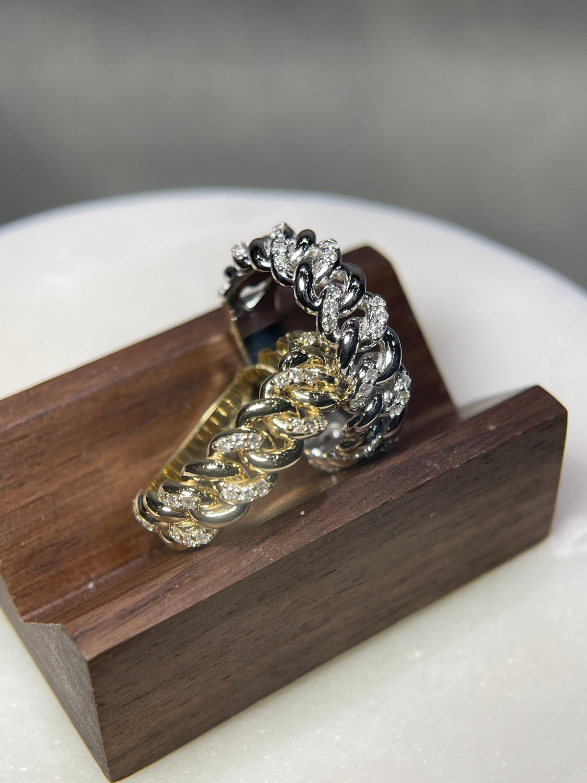 0.52ct Polished Half Diamond Rounded Cuban Link Ring Solid 14K Gold MR032