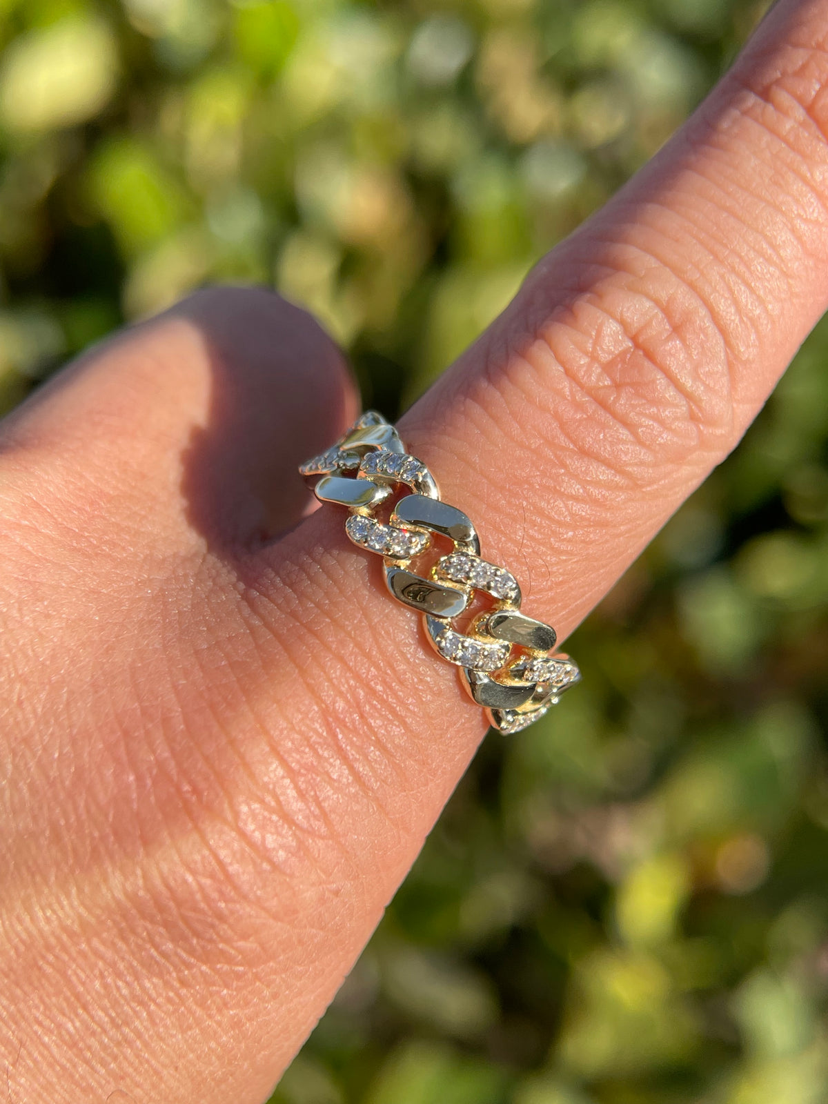 Polished Half Diamond Cuban Link Ring Solid 14K Gold MR030