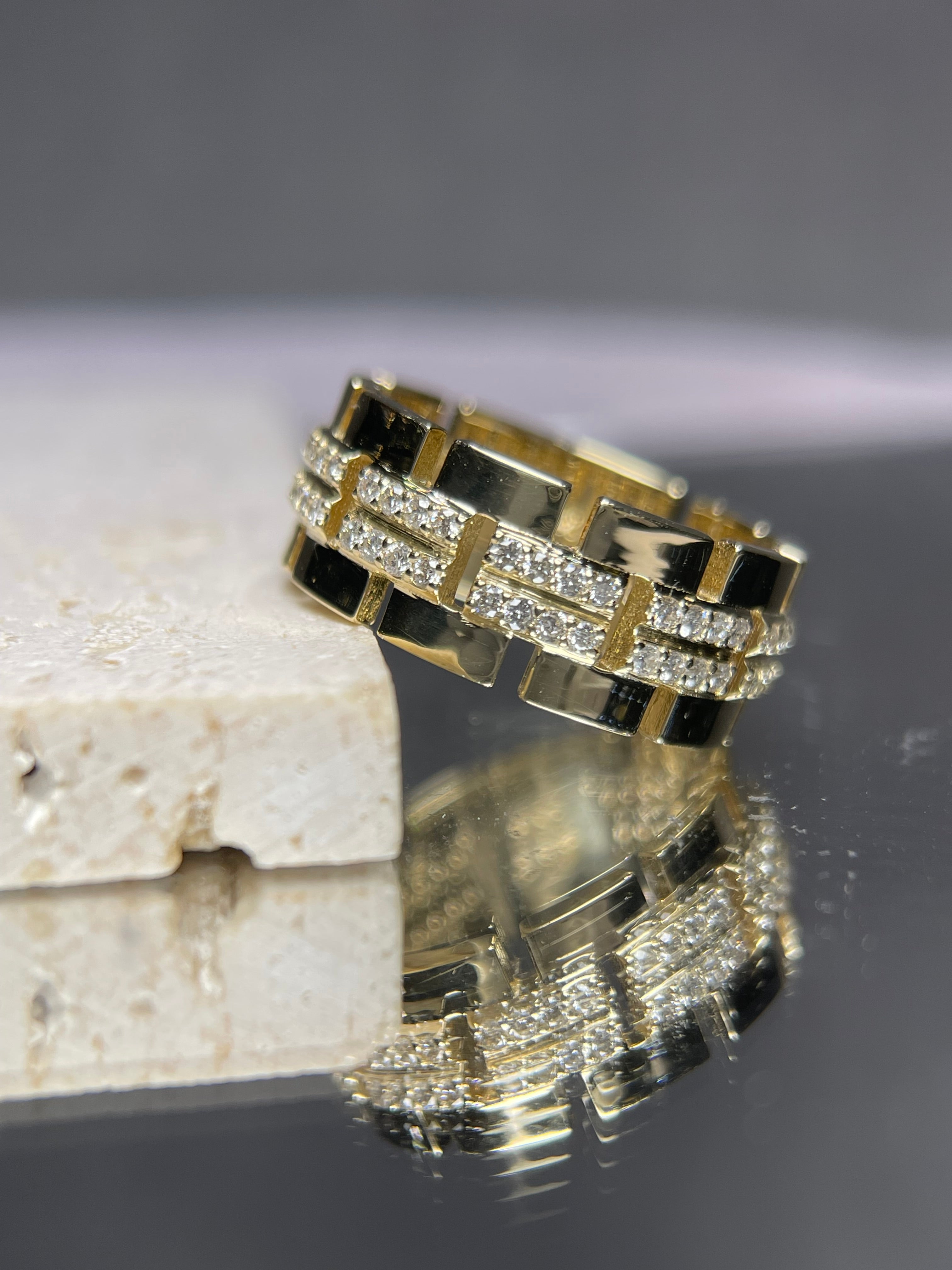 Polished Chain Link Double Row Diamond Wedding Band 14K