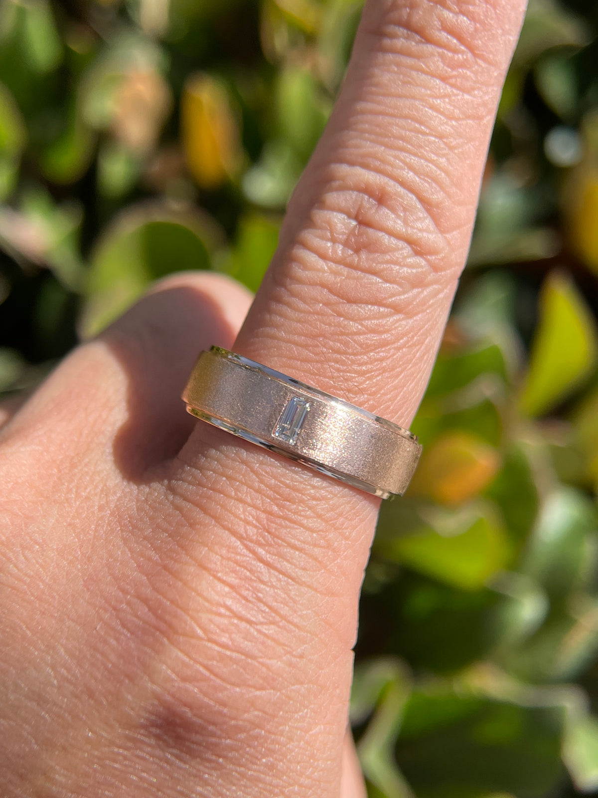 0.15ct Brushed Single Bezel Emerald Cut Diamond Wedding Band 14K Gold MR022