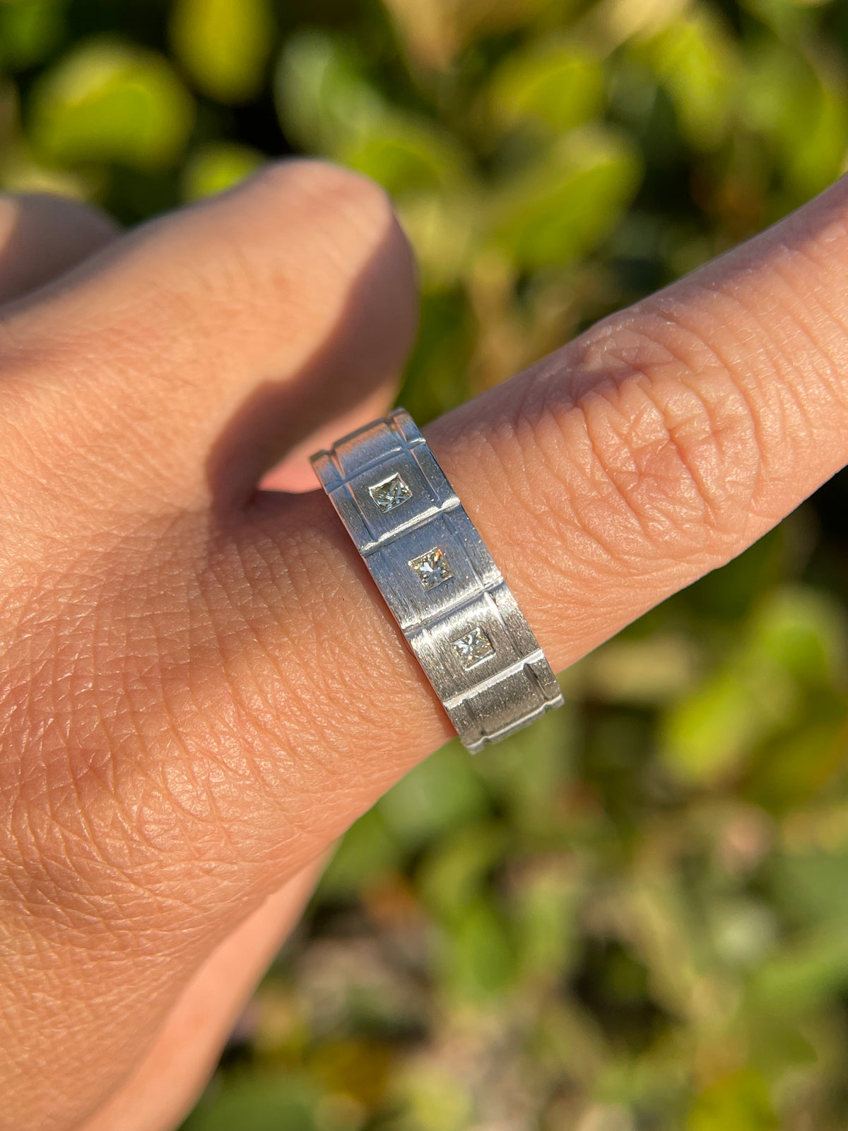 Brushed Triple Bezel Princess Cut Diamond Wedding Ring 14K Gold MR019