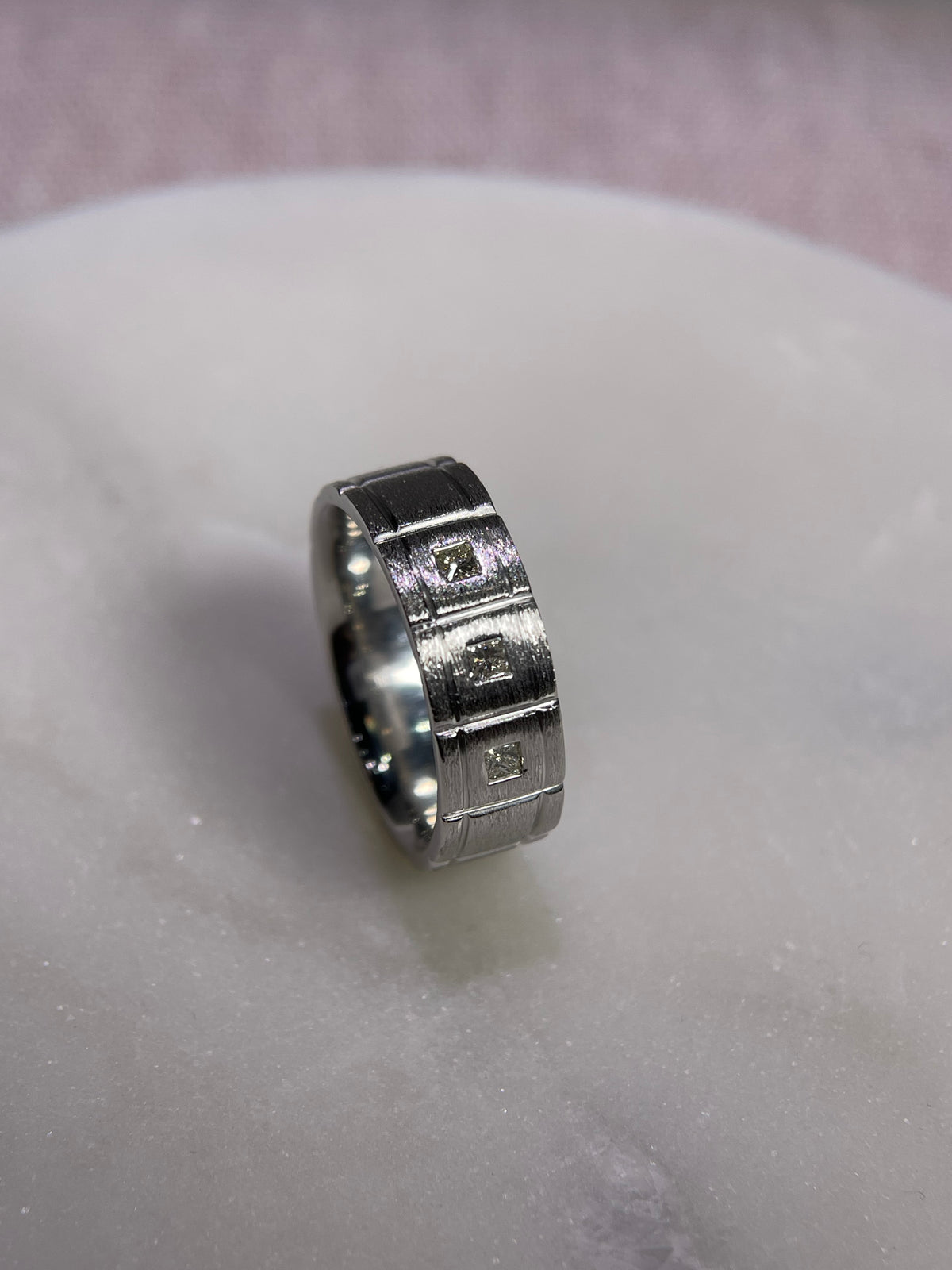 Brushed Triple Bezel Princess Cut Diamond Wedding Ring 14K Gold MR019