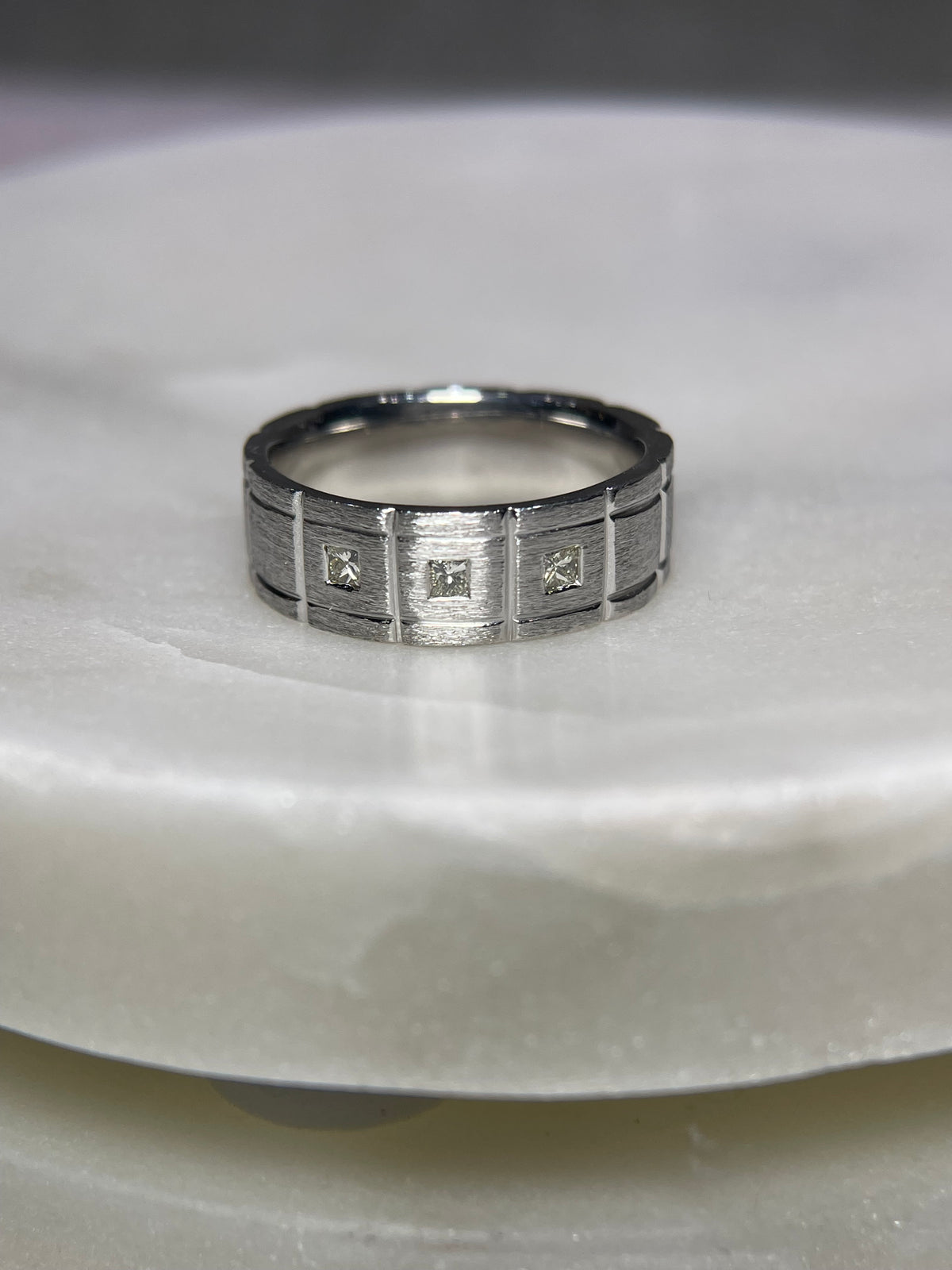 Brushed Triple Bezel Princess Cut Diamond Wedding Ring 14K Gold MR019
