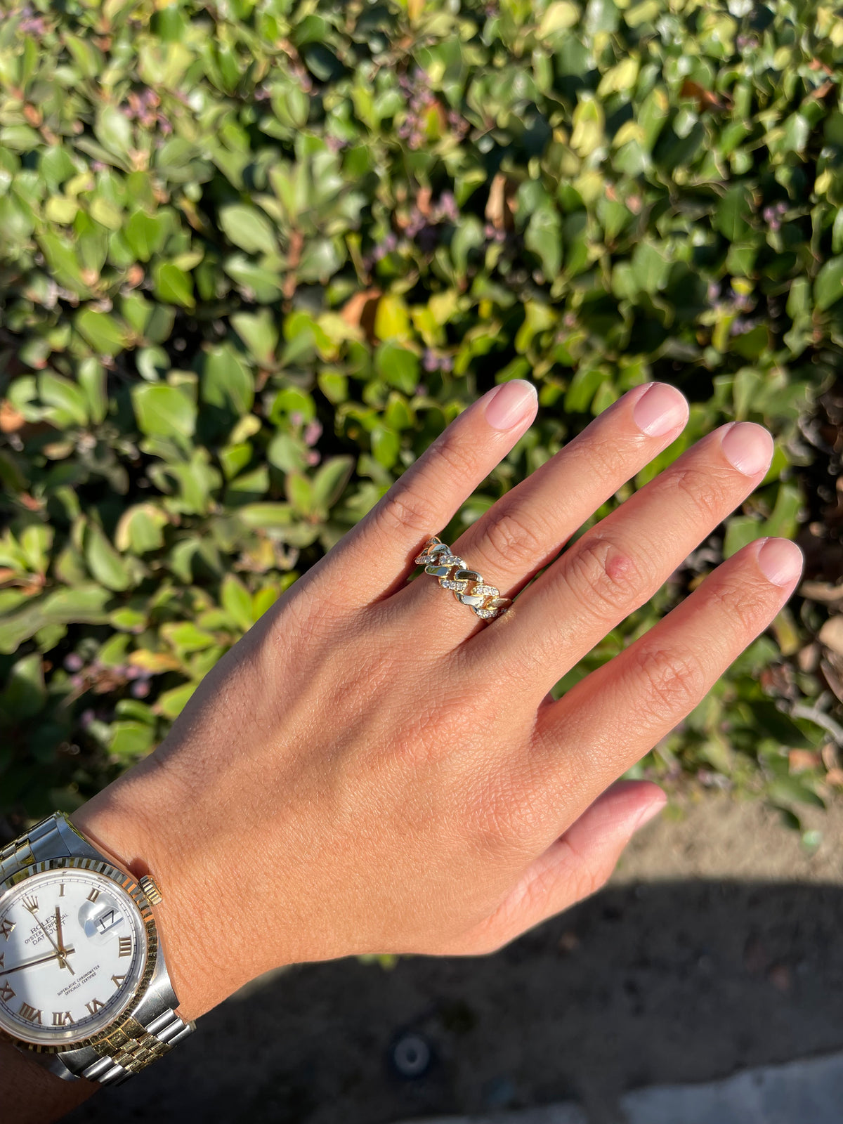 Polished Half Diamond Cuban Link Ring Solid 14K Gold MR030