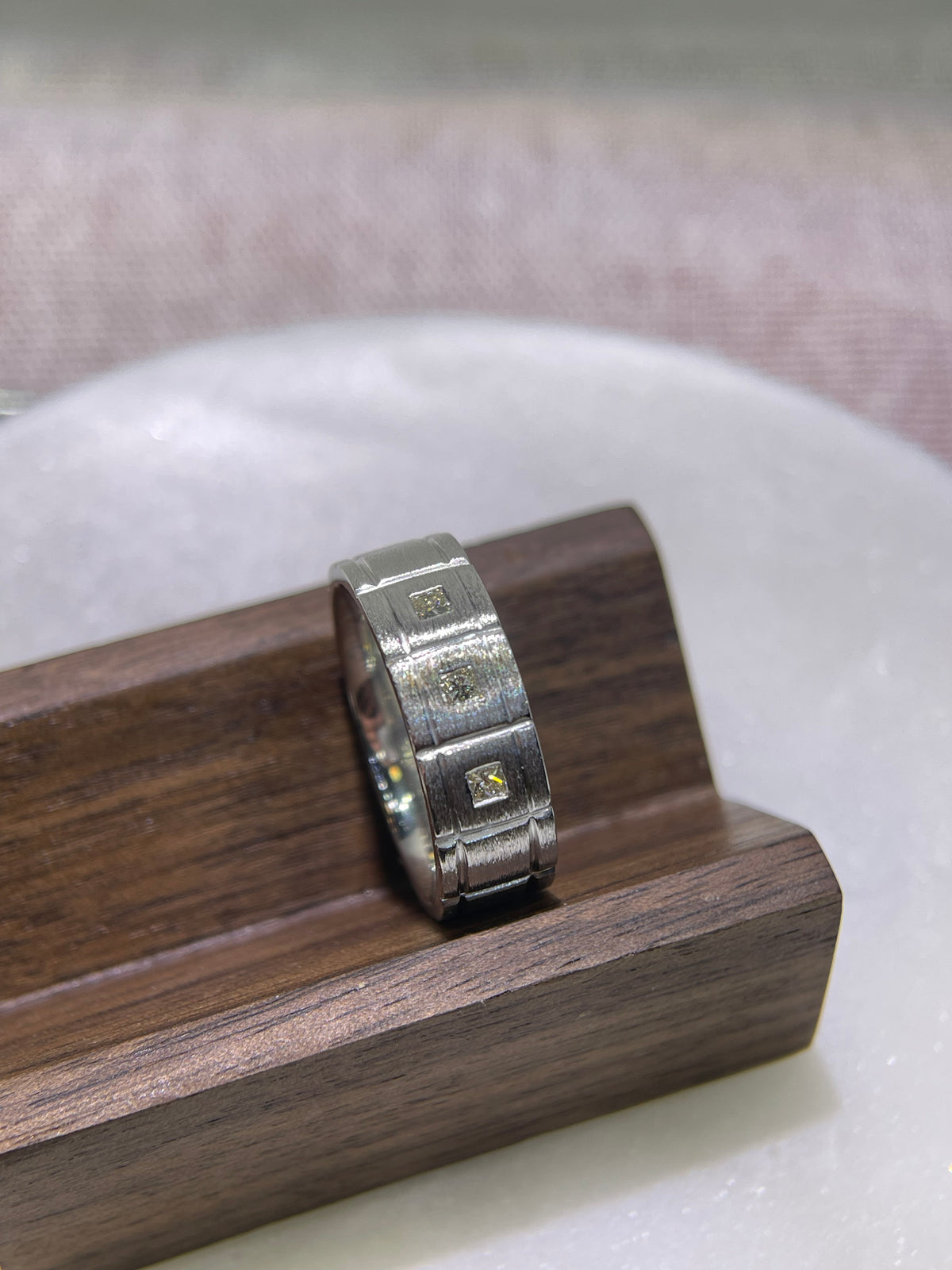 Brushed Triple Bezel Princess Cut Diamond Wedding Ring 14K Gold MR019