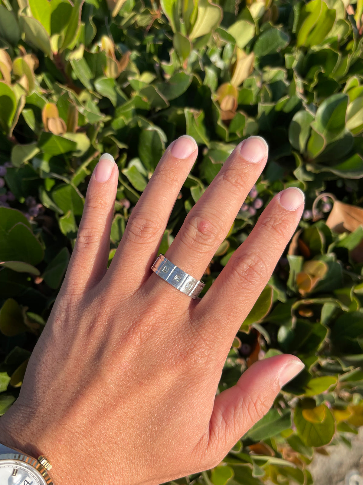 Brushed Triple Bezel Princess Cut Diamond Wedding Ring 14K Gold MR019