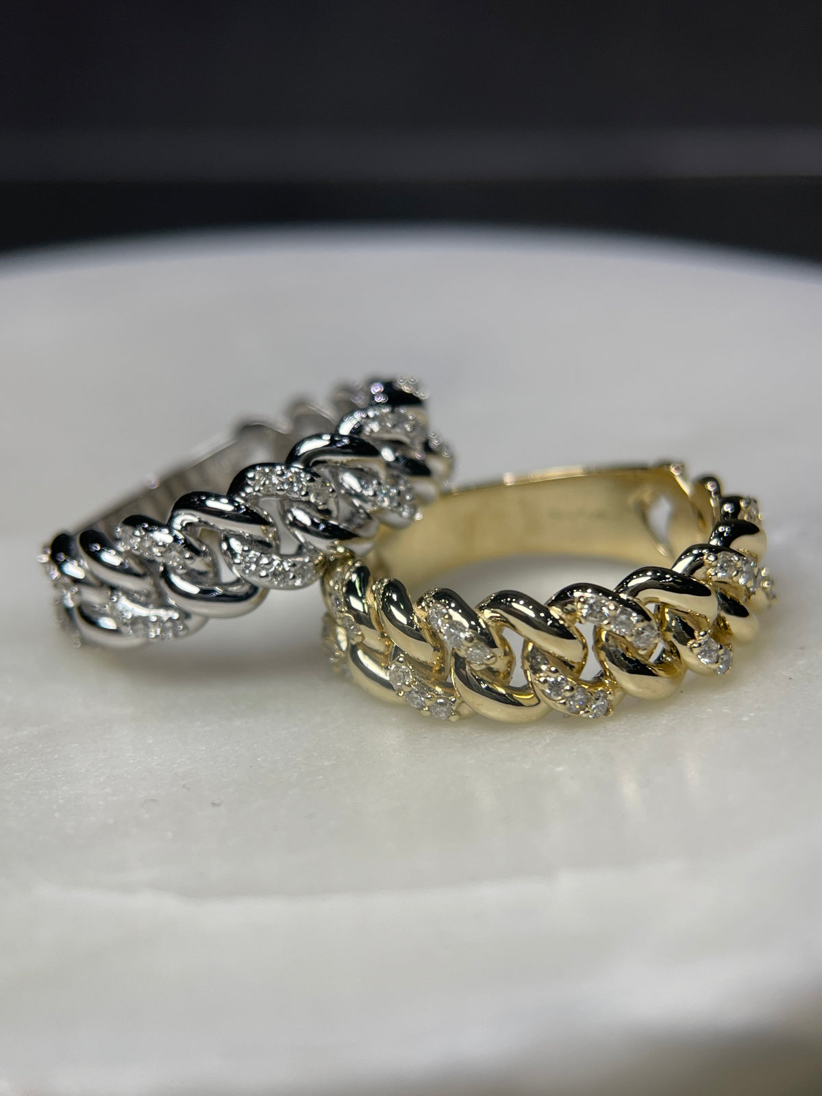 0.52ct Polished Half Diamond Rounded Cuban Link Ring Solid 14K Gold MR032