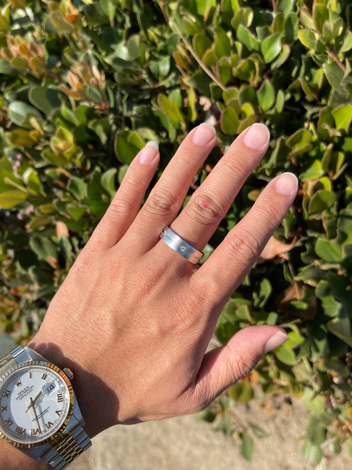 Brushed Center Line Bezel Diamond Wedding Band 14K Gold MR018