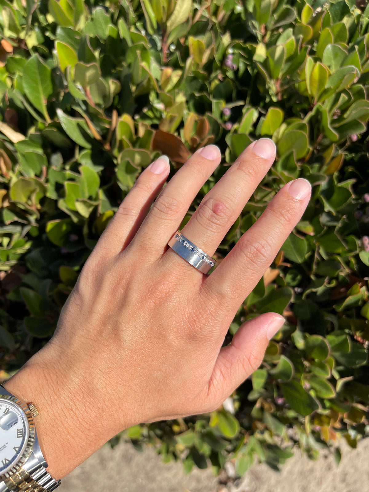 Brushed Off-Center Sapphire and Diamond Wedding Band 14K Gold MR014