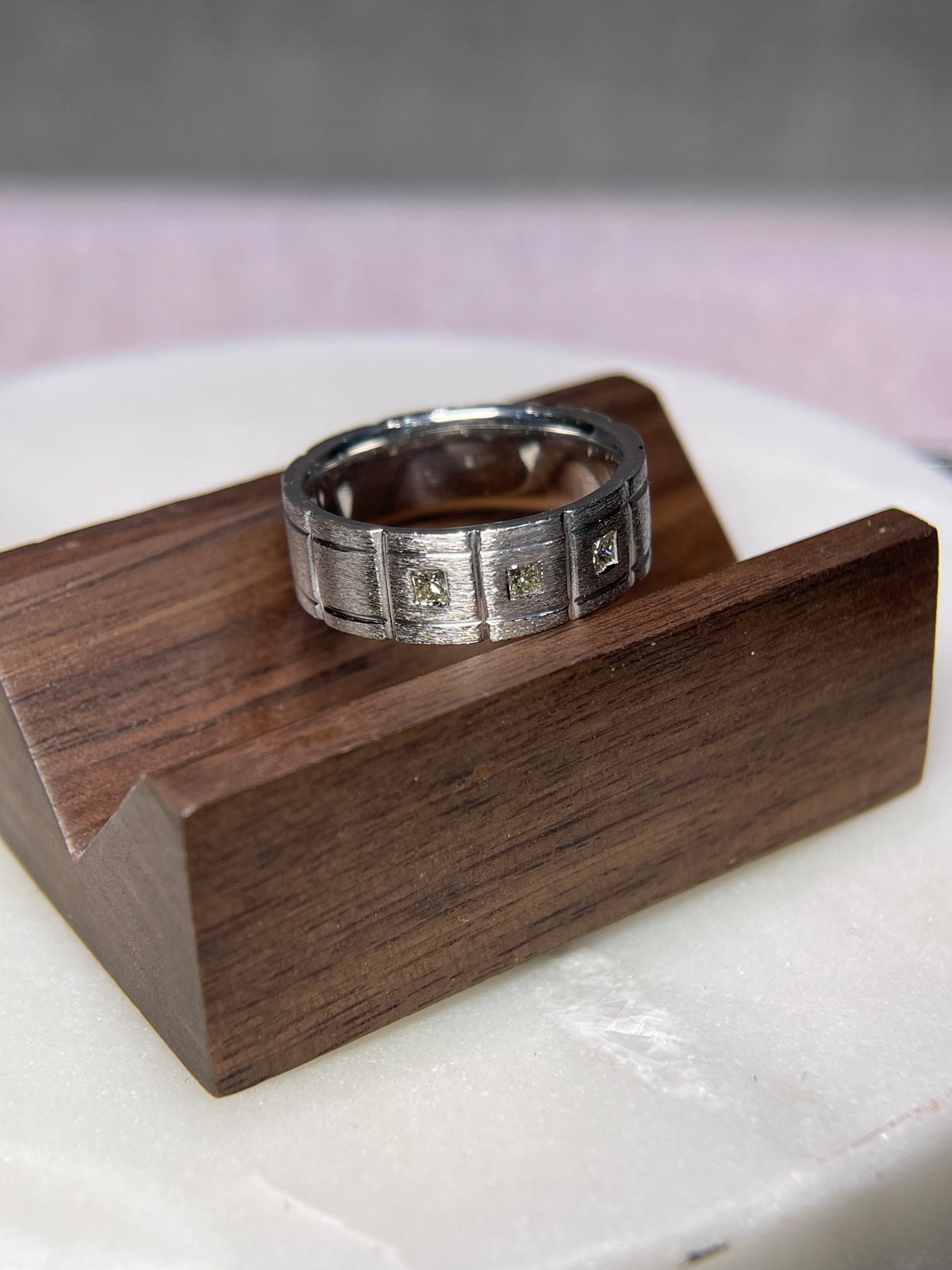 Brushed Triple Bezel Princess Cut Diamond Wedding Ring 14K Gold MR019