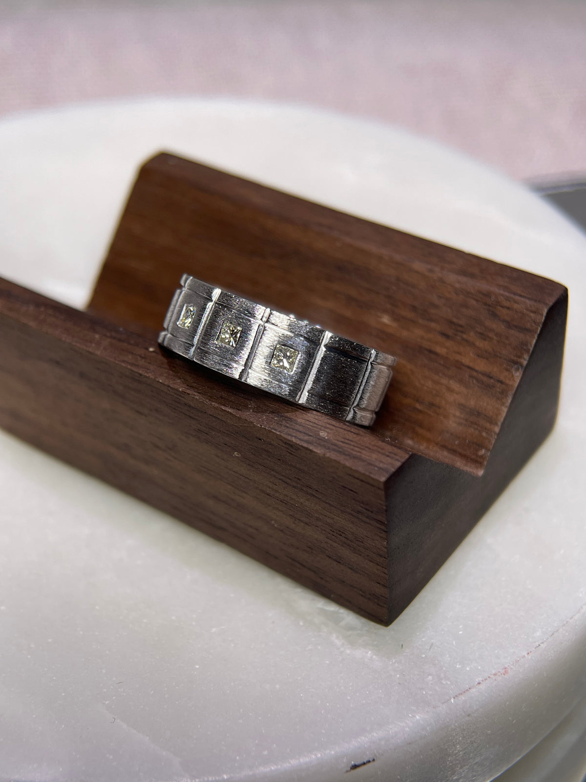 Brushed Triple Bezel Princess Cut Diamond Wedding Ring 14K Gold MR019